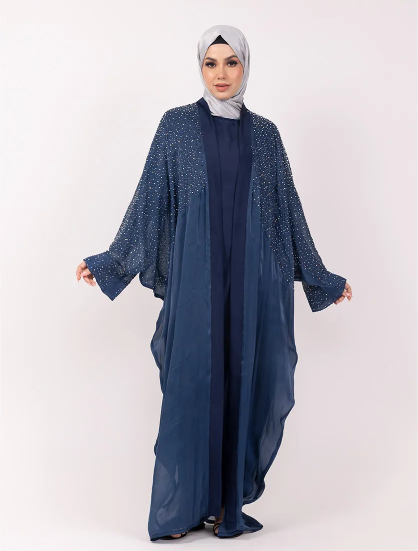 Navy Sparkle Crystal Embellished Sheer Overlay Abaya